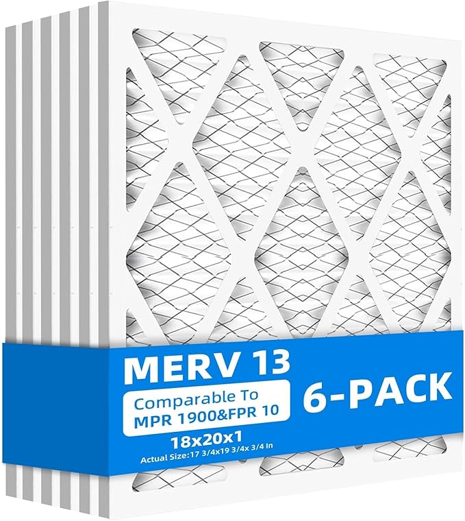 (6 Pack) 18x20x1 Furnace Air Filters, MPR 1900 & FPR 10, MERV 13 Pleated Air Filter (Actual Size: 17.75" x 19.75" x 0.75")