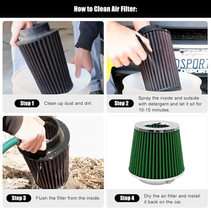 RYANSTAR RACING 89mm 3.5" High Flow Round Tapered Cone Cool Air Filter Cleaner with Top Filter Design Short 150mm tall Green