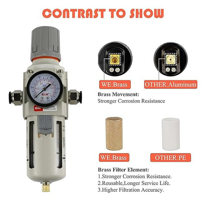 RIH Pneumatics 1/2"NPT Air Filter Pressure Regulator Combo Piggyback, 5 Micron Brass Element, Poly Bowl, Semi-Auto Drain, Metal Bracket, 0-150 psi Gauge Air Tool Compressor Filter with Gauge (1/2"NPT)