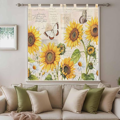Yellow Sunflowers Bedroom Curtains 72 Inch Length, Window Curtains Tab Top, Country Farm Butterfly Flower Light Beige Light Filtering Window Treatments Drapes 52"x72" 2 Panel