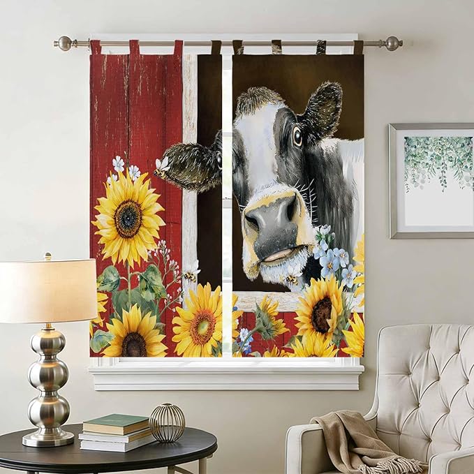 Cows Sunflowers Bedroom Curtains 72 Inch Length, Window Curtains Tab Top, Rustic Farms Barns Flowers Bees Animals Light Filtering Window Treatments Drapes 52"x72" 2 Panel