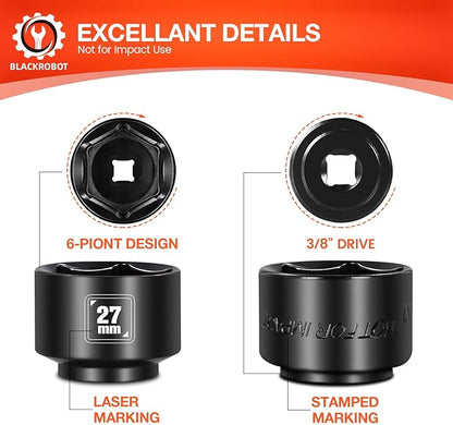 BLACKROBOT 27mm Low Profile Oil Filter Socket, 3/8" Drive 6-Point Oil Filter Cap Remover and Installer Tool, Chrome Vanadium Steel