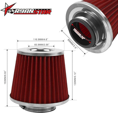 RYANSTAR RACING 70mm 2.75" High Flow Round Tapered Cone Cool Air Filter Cleaner with Top Filter Design Short 154mm Tall