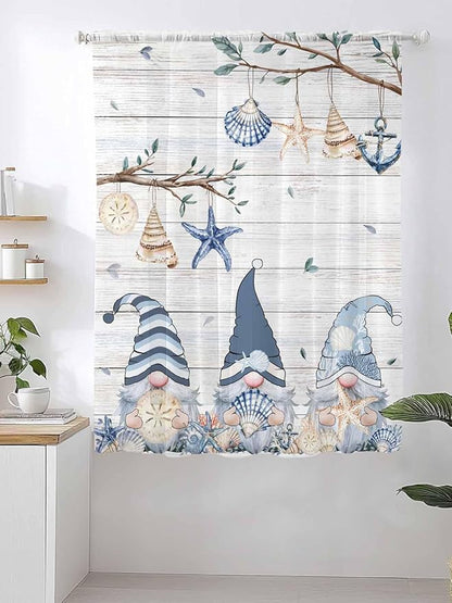 Sheer Curtains 72 Inches Long, Coastal Eucalyptus Semi Sheer Curtains Light Filtering Window Treatment, Ocean Blue Gnomes Starfish Leaf Wood Grain Privacy Voile Drapes for Living Room 52x72 Inch