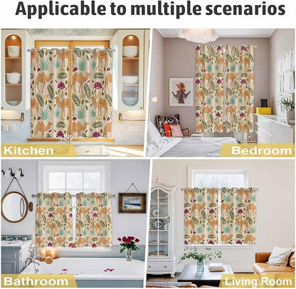 2 Panel Kitchen Cafe Curtains, Desert Camels Sunlight Filtering Nature Air Through, Home Decor Window Covering Tier Curtains for Living Room 104W x 96L inch Vintage Sand Animals Aloe Vera Leaves Beige