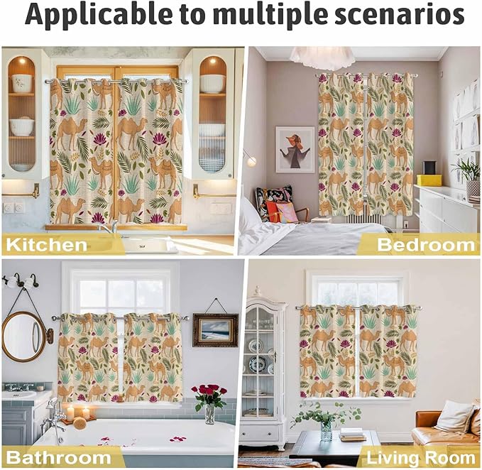 2 Panel Kitchen Cafe Curtains, Desert Camels Sunlight Filtering Nature Air Through, Home Decor Window Covering Tier Curtains for Living Room 104W x 52L inch Vintage Sand Animals Aloe Vera Leaves Beige