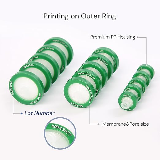 100 Pack Syringe Filter Nylon Lab Filters 0.45μm Pore Size 13mm Diameter Hydrophilic Filtration Non-sterile Green