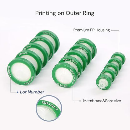 100 Pack Syringe Filter Nylon Lab Filters 0.45μm Pore Size 33mm Diameter Hydrophilic Filtration Non-sterile, Green