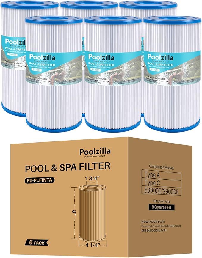 Poolzilla [6 Pack Pool Filter Cartridge for Type A or C, Compatible with Intex 29000E/59900E, Easy Set Pool Filters, Summer Escapes or Summer Waves Above Ground Pools [L x OD: 8" x 4.25'']