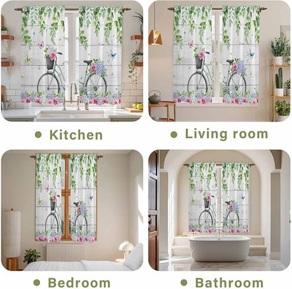 Spring Kitchen Curtains, Bicycles Botanical Rose Leaves Butterfly Wood Grain Light Filtering Window Curtain Panels, 2Pcs Rod Pocket Window Treatments Set for Living Room Bathroom Bedroom 42x63 Inches