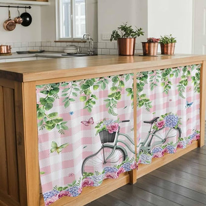 Spring Tier Curtains, Bicycles Leaves Butterfly Flowers Pink Buffalo Plaid Light Filtering Kitchen Curtains, 2Pcs Rod Pocket Half Window Treatments Panels for Sink Cafe Cabinet Camper 27.5x36 Inches
