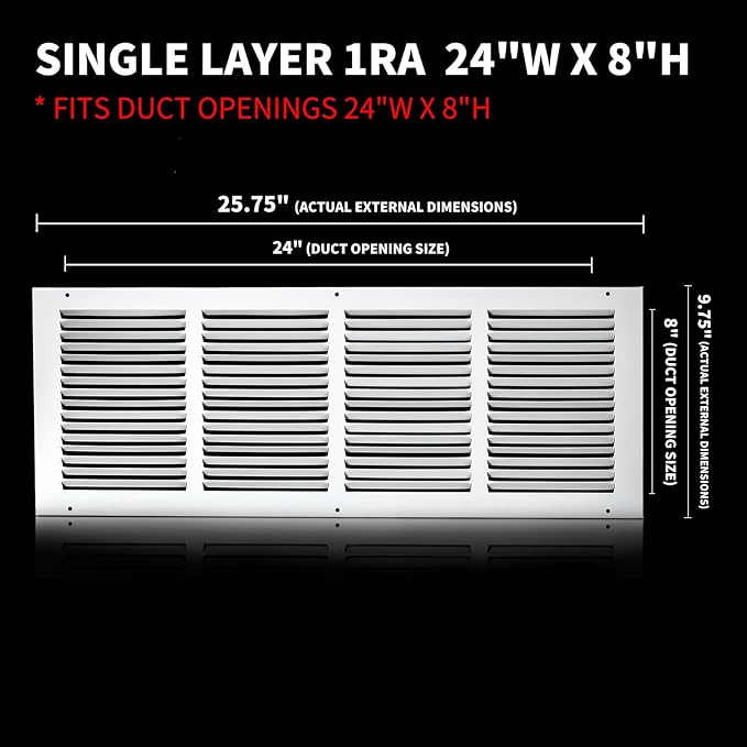 24x8 Return Air Grille(Duct Opening Size),Air Return Vent Cover,Flat Vent Cover,Rejillas De Aire Acondicionado para Casa,Return Air Grilles,Outer Dimensions:25.75"Wx9.75"H(24"W x 8"H, Duct Opening)