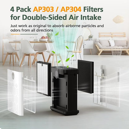 AP303 AP304 Replacement Filters, Compatible with DAYETTE AP303/AP304/AP305/AP405 Air Purifier, and for FRESHDEW AP303/304 Purifier, HEPA Filter with 3 Stage Filtration, 4 Pack (Standard-White)