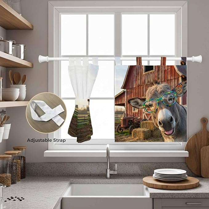 Farm Donkeys Kitchen Curtains 36 Inch Length, Small Window Curtains Tab Top, Farmhouse Barn Funny Animals Butterfly Light Filtering Short Window Treatments Tier Drapes 27.5"x36" 2 Panel