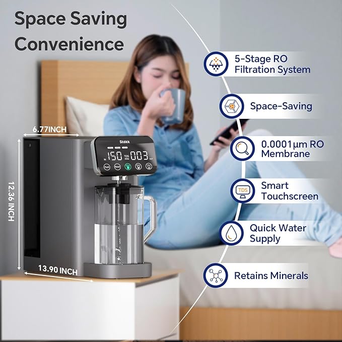 Stokk E1 Reverse Osmosis Water Filter Countertop, 5 Stage RO Water Filter System with Remineralization Glass Pitcher, NSF/ANSI 58&372, Portable No Installation Water Purifier for Home Office