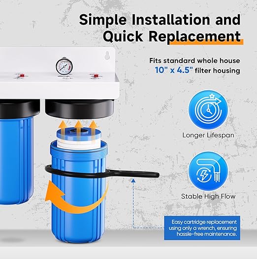 PUREPLUS 2-Stage Whole House Water Filtration System, Reduces Chlorine, Odor, Heavy Metals & Rust, 10"x4.5" Housing, 1" Inlet/Outlet, PP Grooved Sediment & KDF Carbon Filters, Pressure Gauges Included