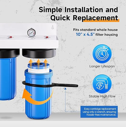 PUREPLUS 2-Stage Whole House Water Filtration System, Reduces Chlorine, Odor, Heavy Metals & Rust, 10"x4.5" Housing, 1" Inlet/Outlet, PP Grooved Sediment & KDF Carbon Filters, Pressure Gauges Included