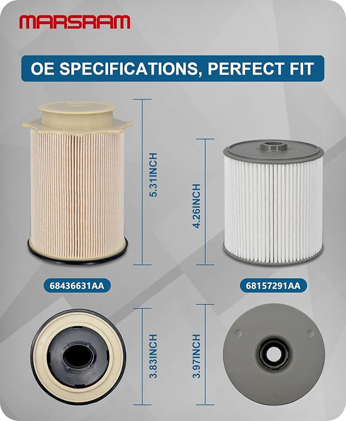 Marsram 6.7 Cummins Fuel Filter Water Separator Set fits for 2019 2020 2021 2022 2023 2024 Dodge Ram 2500 3500 4500 5500 6.7L Cummins Diesel Turbo Engines, Replace 68157291AA 68436631AA