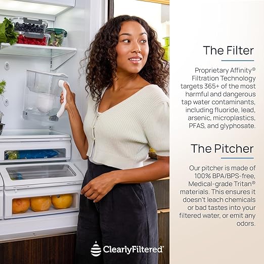 Clearly Filtered No.1 Filtered Water Pitcher/Updated Model/Targets 365+ Contaminants e.g. Fluoride Chlorine PFAS Microplastics Lead Arsenic BPA/BPS Free (Pitcher + 3 Filter Packs)