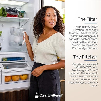 Clearly Filtered No.1 Filtered Water Pitcher/Updated Model/Targets 365+ Contaminants e.g. Fluoride Chlorine PFAS Microplastics Lead Arsenic BPA/BPS Free (Pitcher + 3 Filter Packs)