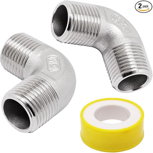 1/2" x 1/2" NPT 90 Degree Elbow 304 Stainless Steel Pipe Fittings Male Threaded Coupler, 2 Pack