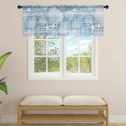 Haze Blue Retro Summer Sheer Valance Curtains, Sea Turtle Starfish Coral Ocean Light Filtering Kitchen Valances Rod Pocket Voile Curtain Window Treatment for Bedroom/Living Room/Basement 42Wx12L
