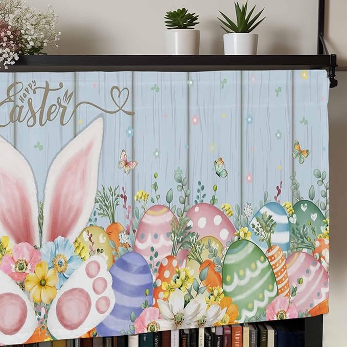 Easter Curtain Valances for Windows, Kitchen Valance Window Treatment, Spring Eggs Rabbit Ear Flowers Wooden Grain Light Filtering Block Curtains for Bathroom/Bedroom/Living Room 42'' x 12''