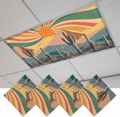 Fluorescent Light Covers for Ceiling Lights Cactus Desert Magnetic Light Filters 4 Pack 4x2 ft Boho Abstract Sun Mountain Rainbow Ceiling Lights Cover for Classroom Office School Home Drop Lamp Decor