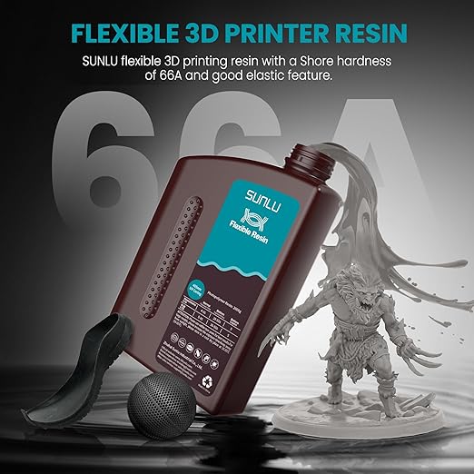 SUNLU Flexible 3D Printer Resin 2KG, 66A 3D Printing Resin for Printing Soft and Flexible Items, Bendable and Not Brittle, Fast Curing 405nm UV Photopolymer Resin. (2000G Gray)