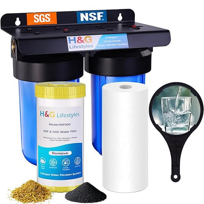H&G Lifestyles Whole House Water Filter System,2 Stage Home Water Filtration with Carbon Sediment Filters, Remove Chlorine Odor Heavy Metal Lead Sediment for Drinking Water,4.5" x10“ Cartridge