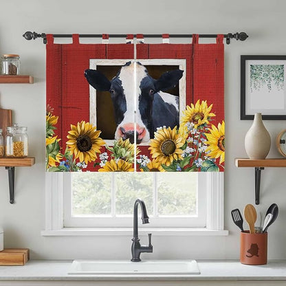 Cow Sunflowers Bedroom Curtains 63 Inch Length, Window Curtains Tab Top, Botanical Floral Leaves Bees Farm Barn Light Filtering Window Treatments Drapes 42"x63" 2 Panel