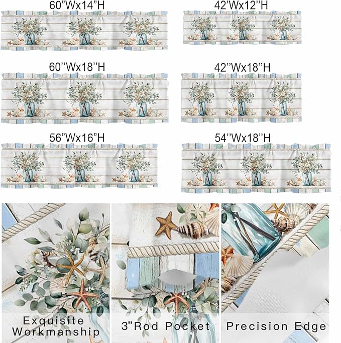 Kitchen Valances for Window, Ocean Starfish Conch Shell Eucalyptus Light Filtering Rod Pocket Valance Curtain, Colorful Wood Grain Short Curtains Window Topper for Bedroom Living Room 42x12in
