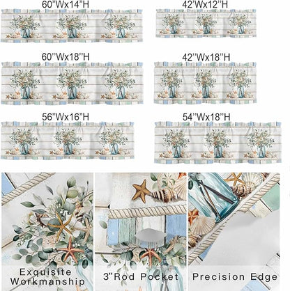 Kitchen Valances for Window, Ocean Starfish Conch Shell Eucalyptus Light Filtering Rod Pocket Valance Curtain, Colorful Wood Grain Short Curtains Window Topper for Bedroom Living Room 42x12in