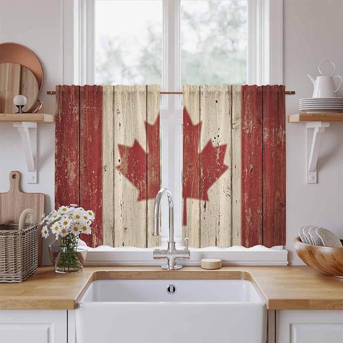 Canada Kitchen Curtains, Red Maple Leaf Flag Vintage Farmhouse Wooden Grain Light Filtering Window Curtain Panels, 2Pcs Rod Pocket Window Treatments Set for RV Dining Room Study Room 42x54 Inches