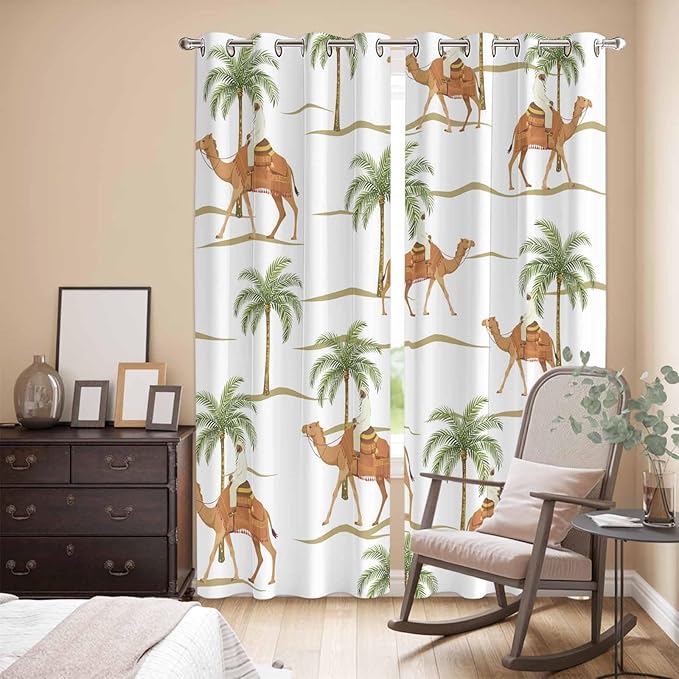 2 Panel Kitchen Cafe Curtains, Desert Camels Sunlight Filtering Nature Air Through, Home Decor Window Covering Tier Curtains for Bedroom Living Room 104W x 90L inch Tropical Date Palm Trees Animal