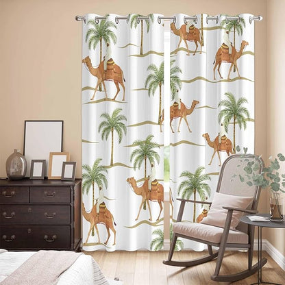 2 Panel Kitchen Cafe Curtains, Desert Camels Sunlight Filtering Nature Air Through, Home Decor Window Covering Tier Curtains for Bedroom Living Room 104W x 90L inch Tropical Date Palm Trees Animal