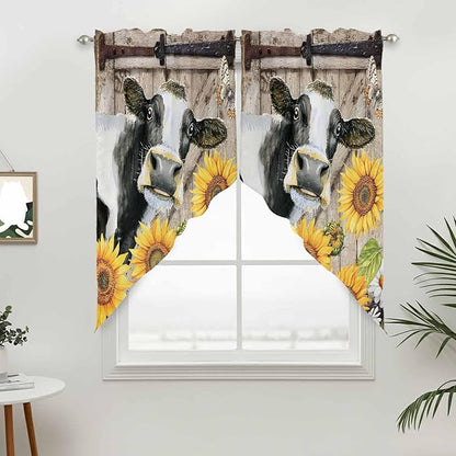 Retro Farmhouse Flower Swag Valances for Windows, Yellow Sunflowers Cow Barn Doors Brown Rod Pocket Kitchen Curtains Valance, Kitchen Window Curtains Swag for Cafe Living Room, 2 Panels, 36x63 inch