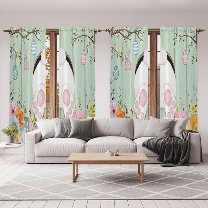 Easter Window Curtains 72 Inch Long 2 Panel Set, Rod Pocket Long Curtains & Drapes, Spring Watercolor Bunny Eggs Wooden Grain Green Light Filtering Window Treatment for Bedroom Living Room 52"W x 72"L