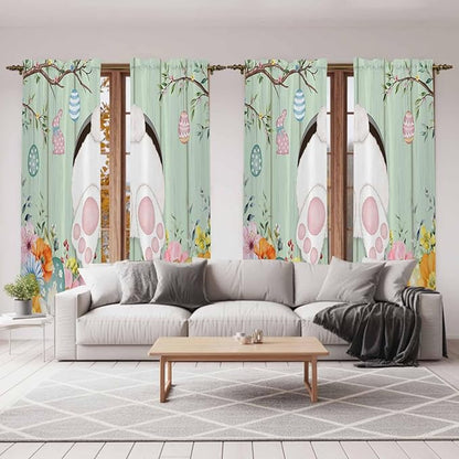 Easter Window Curtains 72 Inch Long 2 Panel Set, Rod Pocket Long Curtains & Drapes, Spring Watercolor Bunny Eggs Wooden Grain Green Light Filtering Window Treatment for Bedroom Living Room 52"W x 72"L