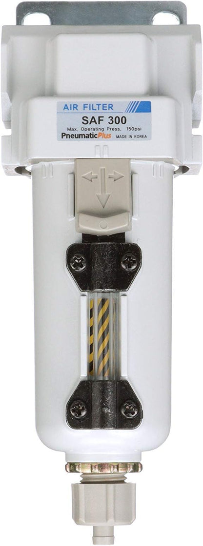 PneumaticPlus SAF300-N03B-MEP Compressed Air Particulate Filter 3/8" NPT, 10 Micron Element, Metal Bowl, Manual Drain, Bracket