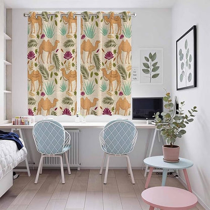 2 Panel Kitchen Cafe Curtains, Desert Camels Sunlight Filtering Nature Air Through, Home Decor Window Covering Tier Curtains for Living Room 104W x 72L inch Vintage Sand Animals Aloe Vera Leaves Beige