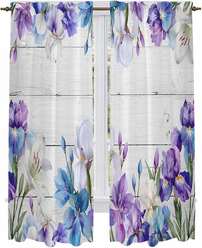 Spring Flowers Kitchen Curtains, Watercolor Garden Florals Wooden Grain Light Filtering Window Curtain Panels, 2Pcs Rod Pocket Window Treatments Set for Living Room Bathroom Bedroom 52x72 Inches