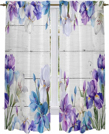 Spring Flowers Kitchen Curtains, Watercolor Garden Florals Wooden Grain Light Filtering Window Curtain Panels, 2Pcs Rod Pocket Window Treatments Set for Living Room Bathroom Bedroom 52x72 Inches