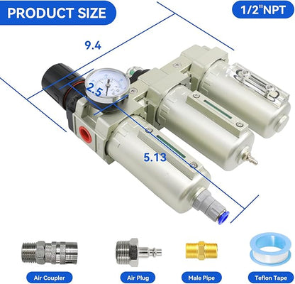 1/2" NPT Industrial Grade 3 Stage Air Dryer for Compressor, Auto Drain Air Compressor Water Separator System Filter Oil for Plasma Cutter and Paint Spray,0-240 PSI