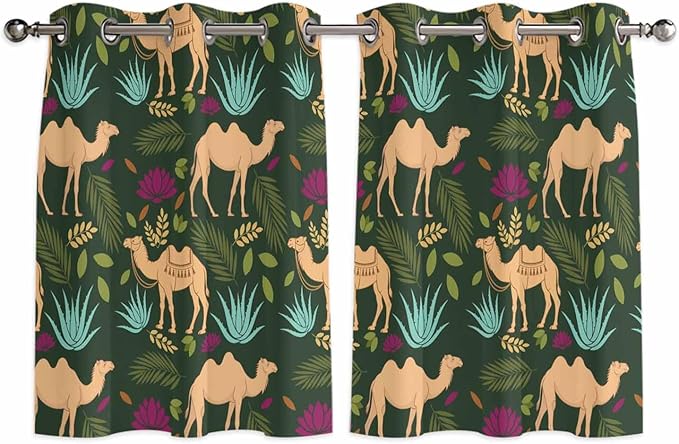 2 Panel Kitchen Cafe Curtains, Retro Desert Camel Sunlight Filtering Nature Air Through, Window Decor Tier Curtains for Living Room 104W x 52L inch Tropical Animal Aloe Vera Leaves Dark Green