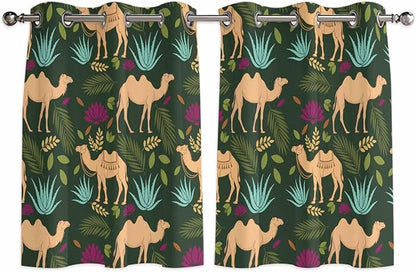 2 Panel Kitchen Cafe Curtains, Retro Desert Camel Sunlight Filtering Nature Air Through, Home Decor Window Covering Tier Curtains for Bedroom Living Room Tropical Animal Aloe Vera Leaves Dark Green