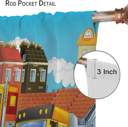 Kids Cartoon Construction Window Curtains, Funny Construction Site Cars and Helicopter Rod Pocket Decorative Windows Curtain for Children Teens Room Decor 72x63in (30% Blackout)