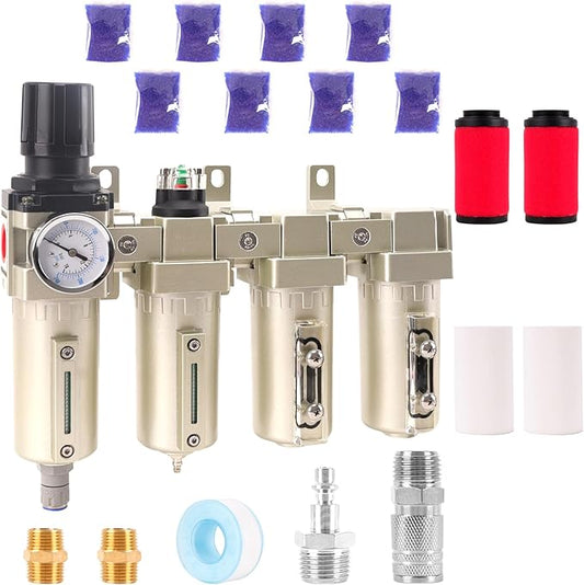 3/4" NPT Industrial Grade 4 Stage Air Compressor Drying System, 0-240 PSI, Particulate & Coalescing Filters, Auto Drain Air Compressor Water Separator System Filter Oil for Paint Spray＆ Plasma Cutter