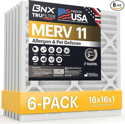 BNX TruFilter 16x16x1 Air Filter MERV 11 (6-Pack) - MADE IN USA - Allergen Defense Electrostatic Pleated Air Conditioner HVAC AC Furnace Filters for Allergies, Dust, Pet, Smoke, Allergy MPR 1200 FPR 7