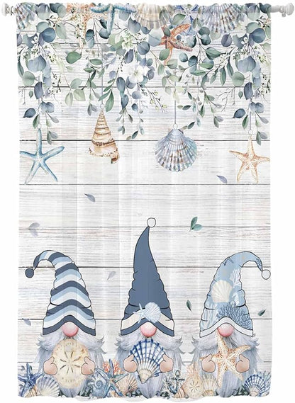 Sheer Curtains 63 Inch Length, Coastal Eucalyptus Leaf Semi Sheer Curtains Light Filtering Window Treatment, Ocean Blue Gnomes Starfish Wood Grain Privacy Voile Drapes for Living Room 52x63 Inch